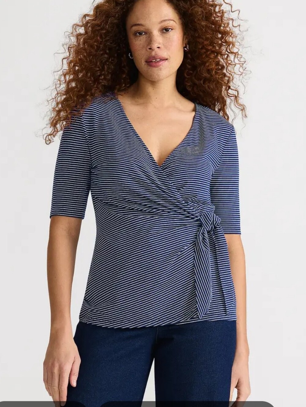 Lands' End Women's Striped Jersey Wrap Side Tie V-Neck 3/4 Sleeve Blouse XS